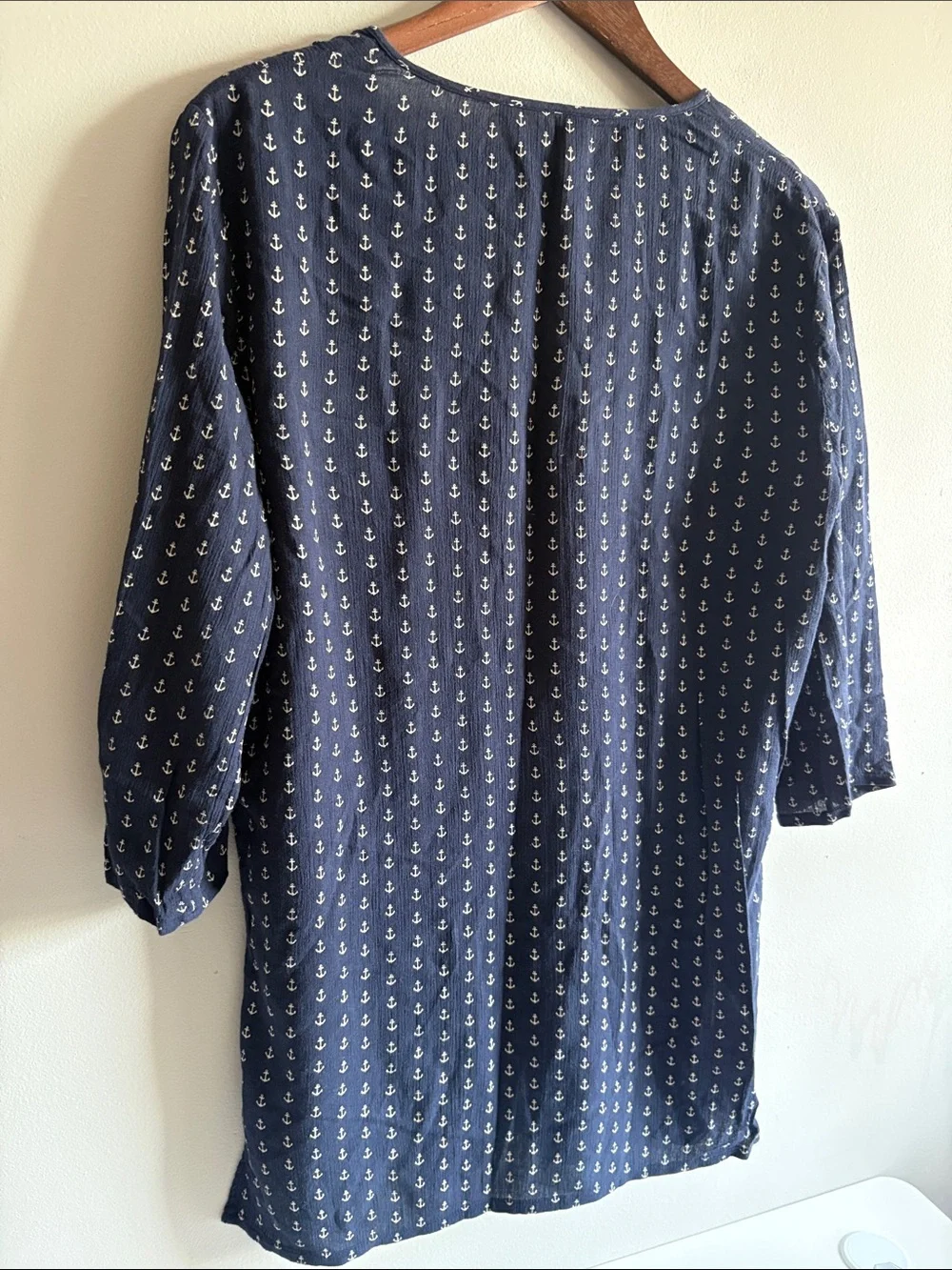 J.Crew Navy Anchor Print Popover Blouse Medium Coastal Nautical 3/4 Sleeve